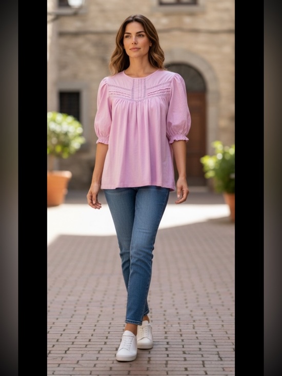 J. Crew Tops - J Crew Tunic Top Small Pink 3/4 Puff Ruffled Sleeves Embroidered Excellent